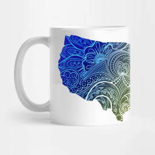 Colorful mandala art map of the United States of America in high contrast dark blue and dark yellow Mug